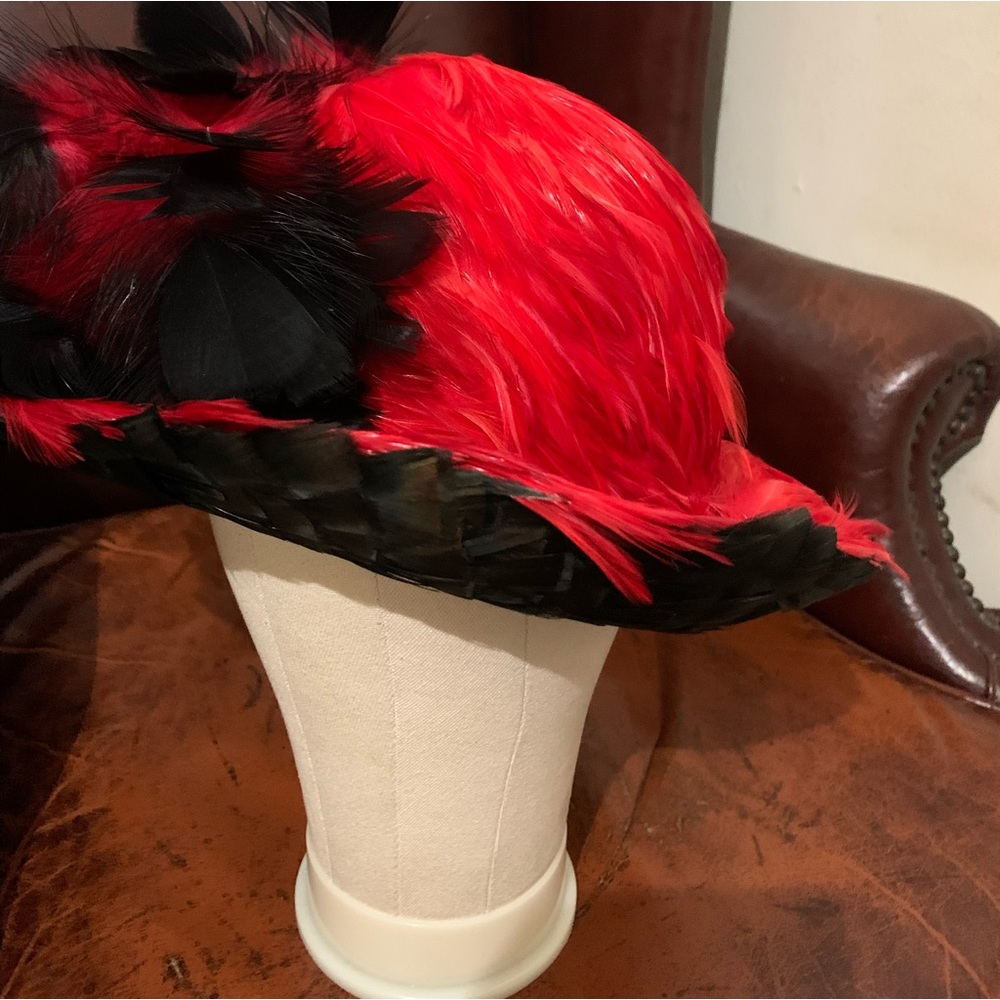 Red& black feathered hat
